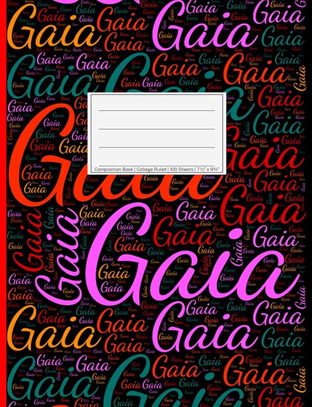 Gaia: College Ruled Composition Book, 200 pages, size 7.44" x 9.69", white paper with light grey lines, Personalized soft black cover filled with ... sizes, colors, directions and a red spline. by NWF Publishing