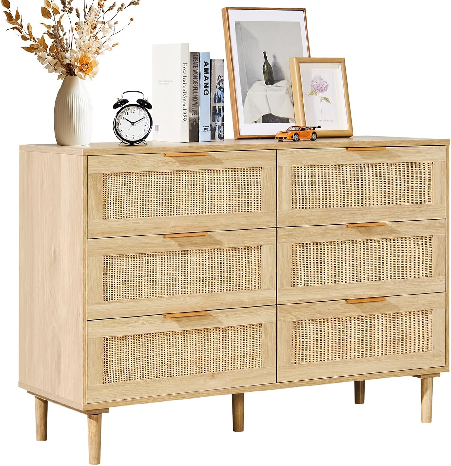 VEVOR 6 Drawer Dresser, Natural Real Rattan Dresser For Bedroom, Modern Wooden Boho Dressers Chest Of Drawers, Clothing Organizer Closet Dresser_voghion.com