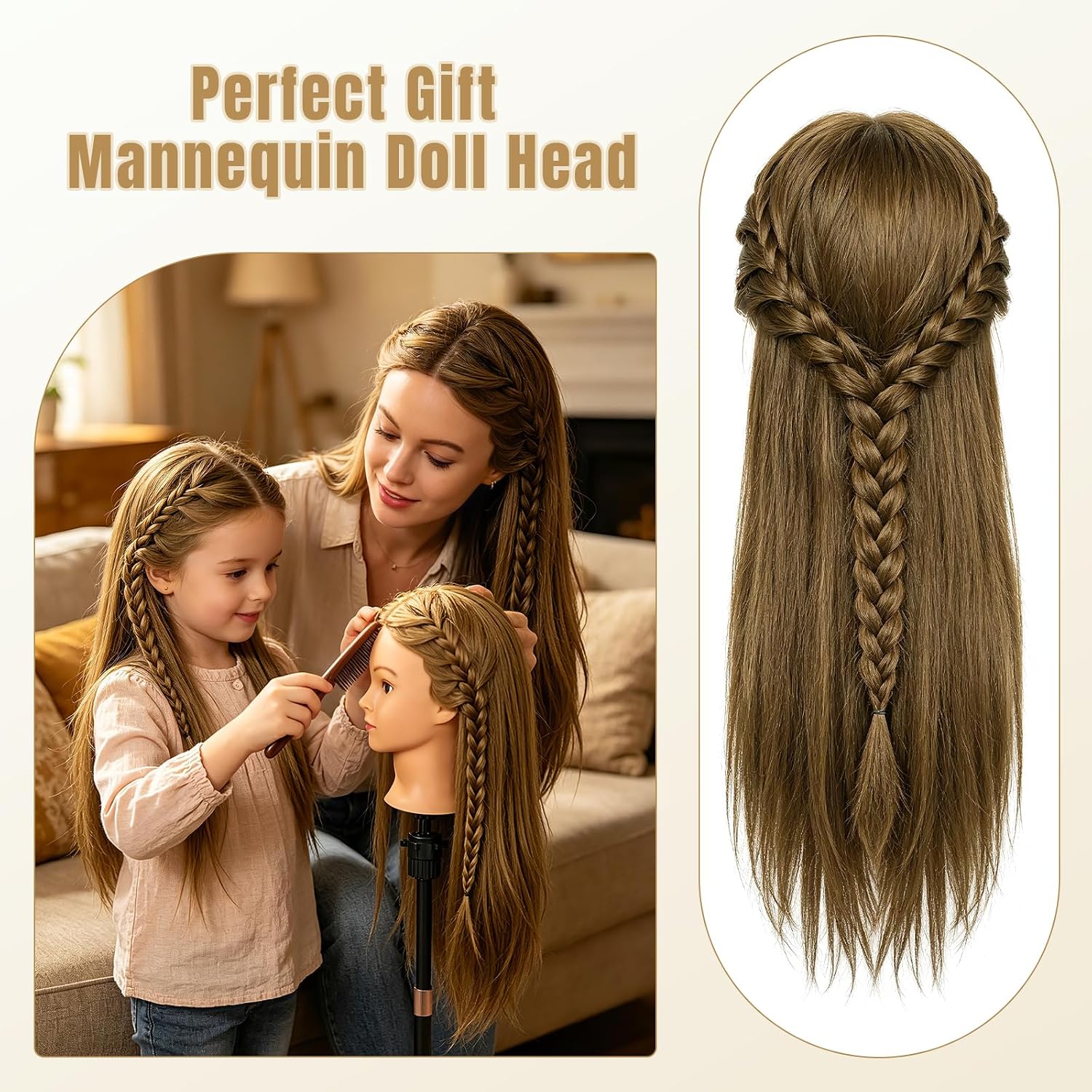 26" Mannequinhoofd van echt mensenhaar, 80% echt haar, voor cosmetologie, oefenpop voor het vlechten van haar en kapperswerk (lattebruin)_voghion.com