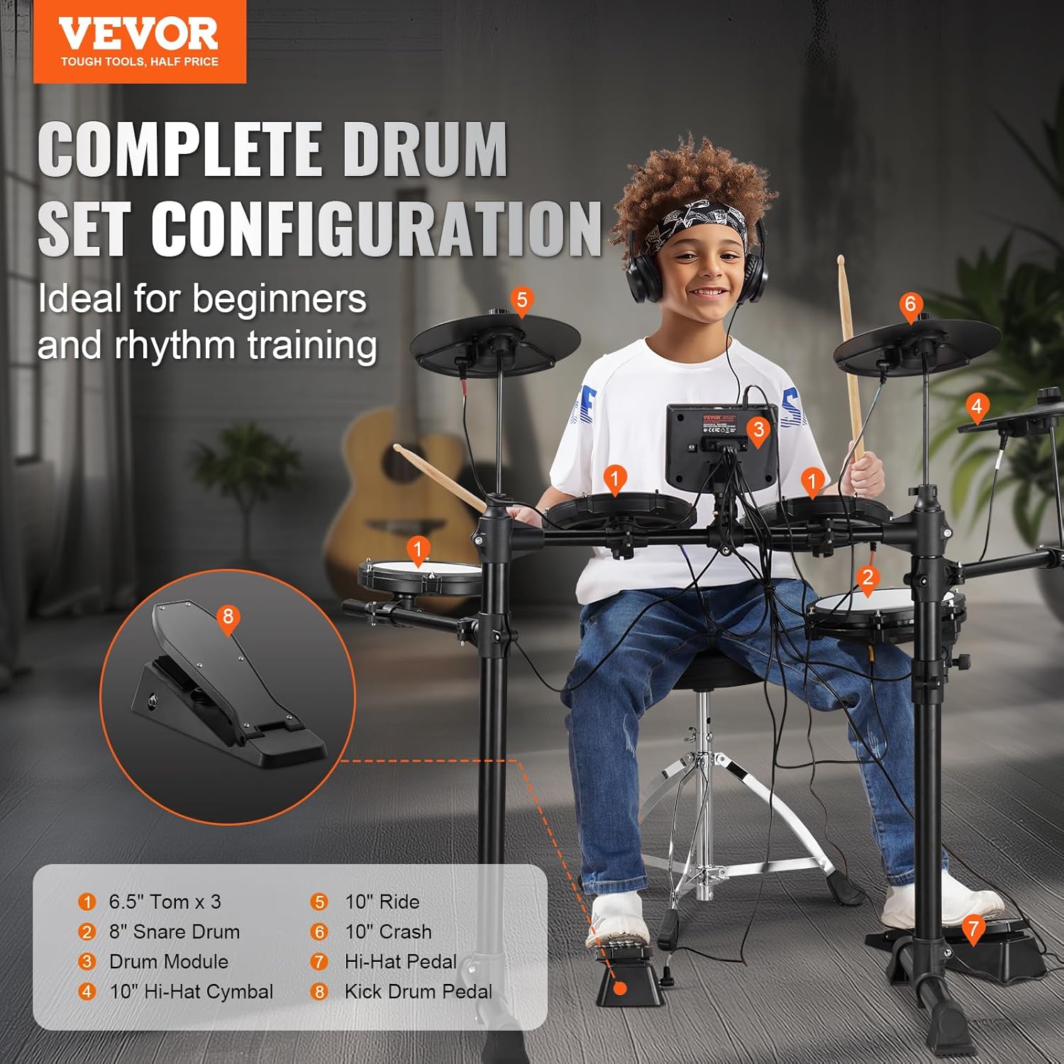 VEVOR Electric Drum Set, 15 Drum Kits & 150 Sounds, USB MIDI Supported, 8 In Quiet Mesh Snare, With Drum Sticks & Headphone, For Beginners & Adults_voghion.com
