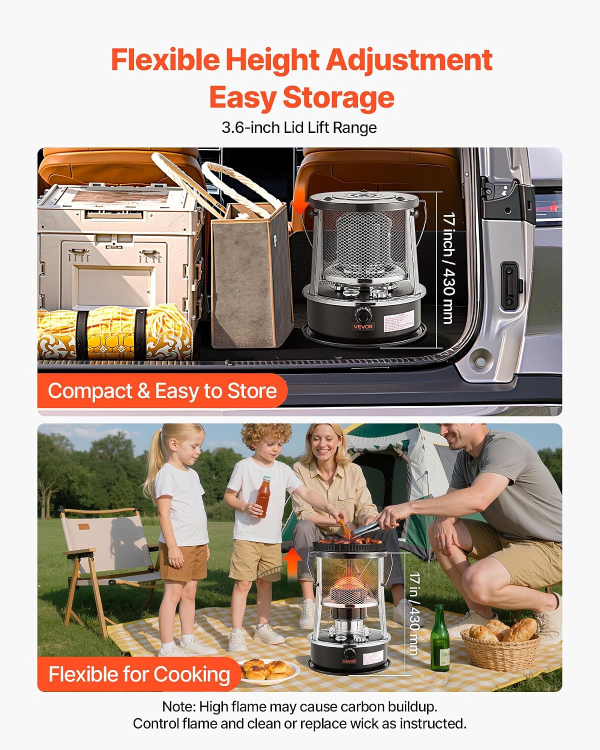 VEVOR 9000 BTU Portable Kerosene Heater & Stove, 2 In 1 Non-Electric Indoor Outdoor Heater With Adjustable Height & Flame & Easy Storage,for Camping_voghion.com