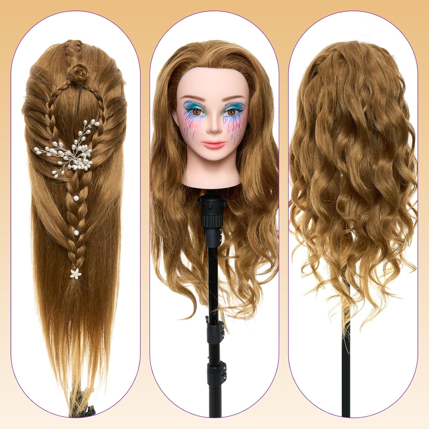 71 cm (28 inch) oefenhoofd met echt haar - 80% echt haar oefenhoofd voor make-up oefeningen, cosmetologie oefenpop voor haarstyling, kappersopleiding_voghion.com
