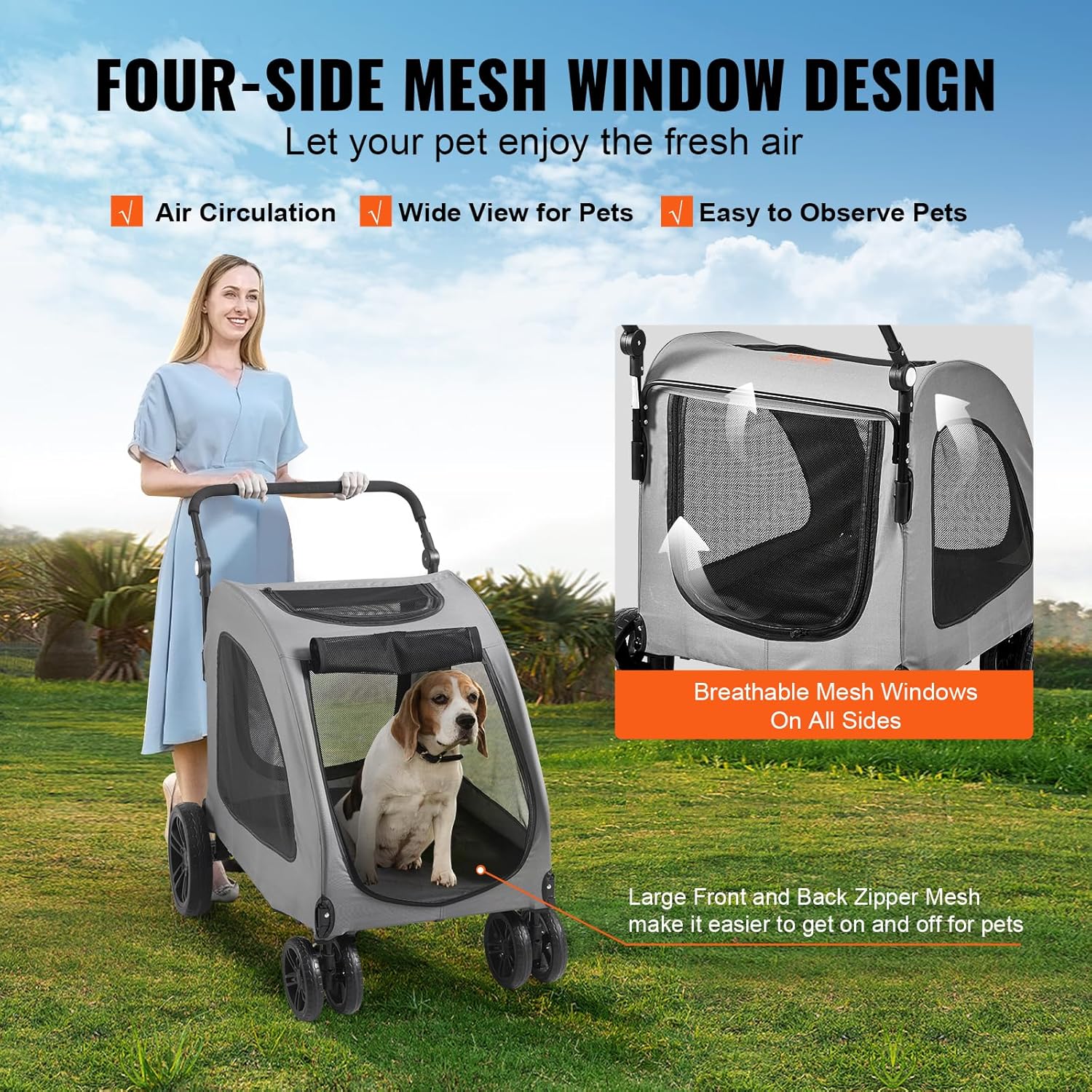 VEVOR Extra Large Dog Stroller For Dogs Up To 160lbs, 4 Wheel Handle-Adjustable Pet Stroller For Large Dog, Jogging Carriage For 2 Dogs_voghion.com