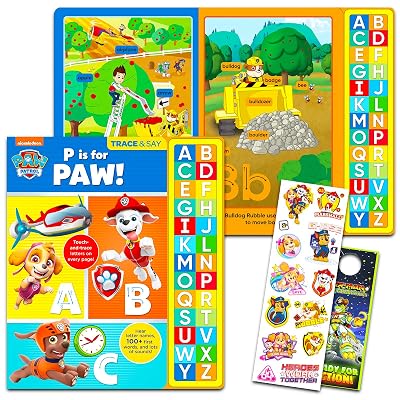 Paw Patrol Interactive Trace and Say Book with Sound - Bundle with Deluxe Paw Patrol Interactive Storybook with Sound Buttons Plus Stickers and Door Hanger (Paw Patrol Books for Kids)