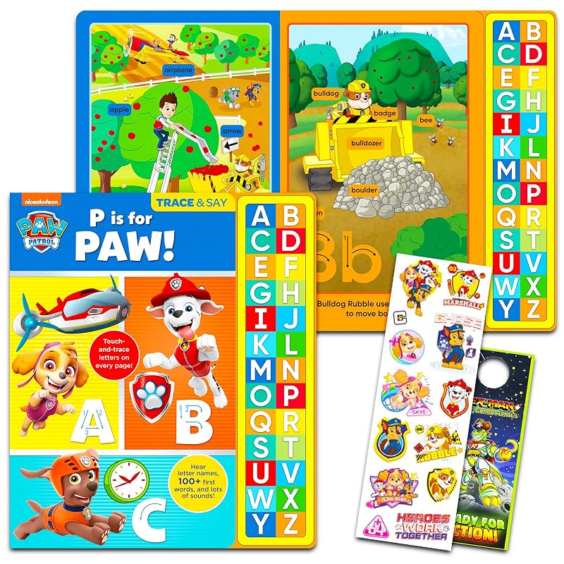Paw Patrol Interactive Trace and Say Book with Sound - Bundle with Deluxe Paw Patrol Interactive Storybook with Sound Buttons Plus Stickers and Door Hanger (Paw Patrol Books for Kids) by PI Kids