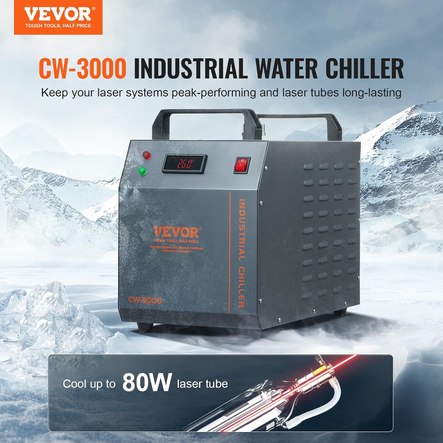 Refrigeratore d'acqua industriale VEVOR, CW-3000, sistema di raffreddamento aria-acqua 80W, capacità serbatoio acqua 12L, portata massima 12L/min per macchine per incisione laser_voghion.com