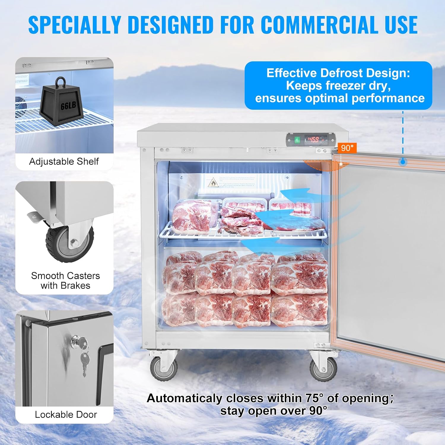 VEVOR Piano di lavoro per congelatore commerciale da 28" W, congelatori sottobanco da 7,4 piedi cubi con ruote, tavolo di preparazione per scongelamento a temperature comprese tra 0 e 8℉, porta singola in acciaio inox_voghion.com