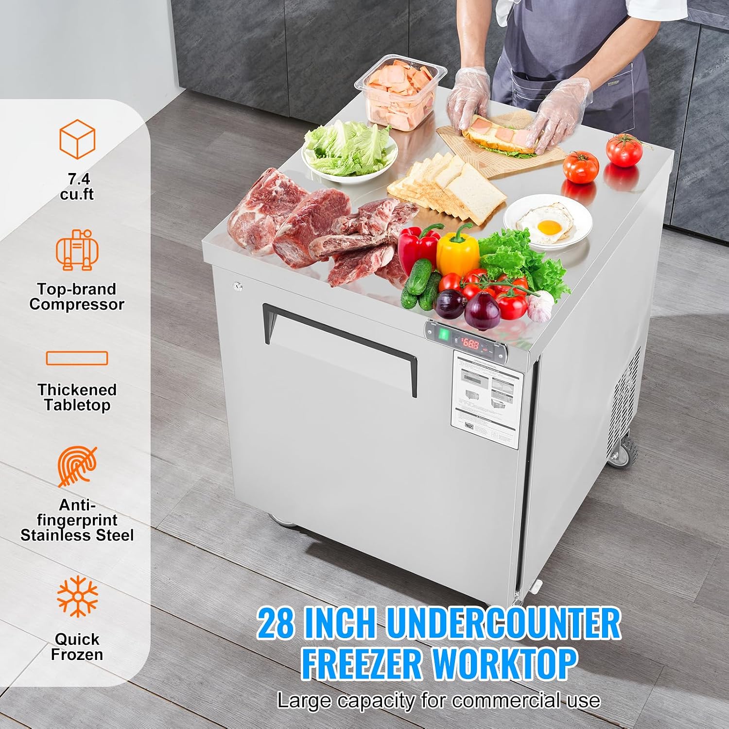 VEVOR Piano di lavoro per congelatore commerciale da 28" W, congelatori sottobanco da 7,4 piedi cubi con ruote, tavolo di preparazione per scongelamento a temperature comprese tra 0 e 8℉, porta singola in acciaio inox_voghion.com
