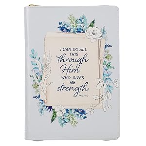 Classic Faux Leather Journal All Things Through Him Philippians 4:13 Bible Verse Pale Blue Floral Inspirational Notebook, Lined Pages w/Scripture, Ribbon Marker, Zipper Closure
