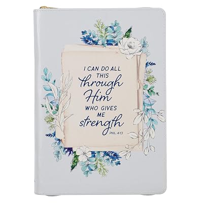 Classic Faux Leather Journal All Things Through Him Philippians 4:13 Bible Verse Pale Blue Floral Inspirational Notebook, Lined Pages w/Scripture, Ribbon Marker, Zipper Closure