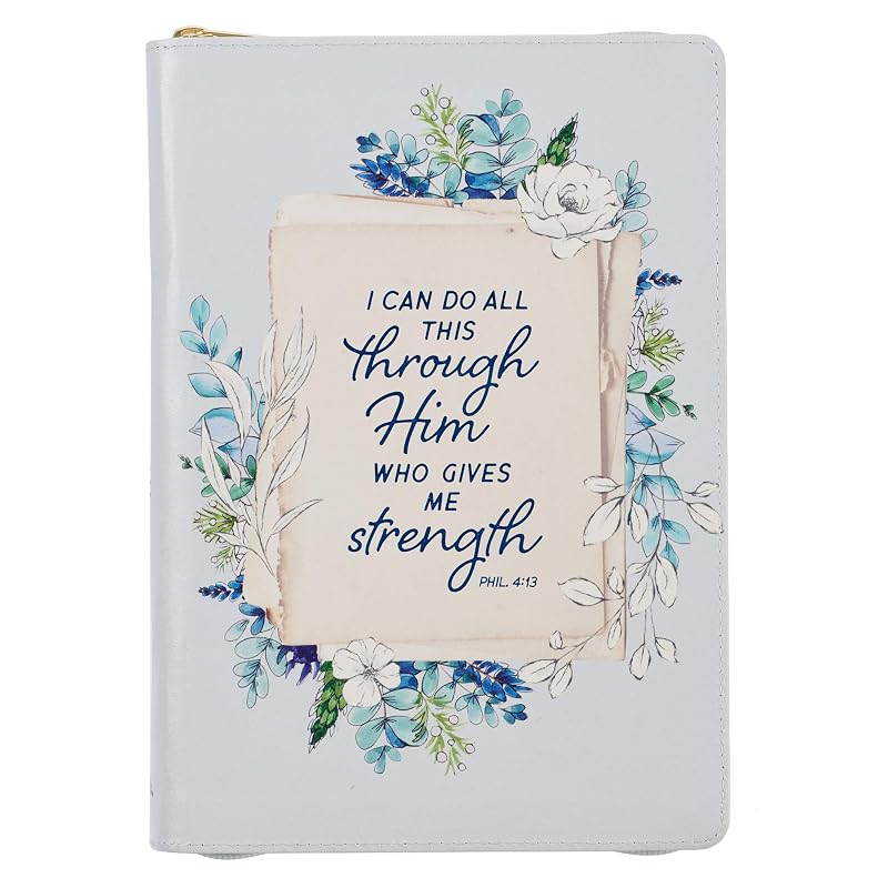 Classic Faux Leather Journal All Things Through Him Philippians 4:13 Bible Verse Pale Blue Floral Inspirational Notebook, Lined Pages w/Scripture, Ribbon Marker, Zipper Closure by Christian Art Gifts