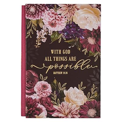 Christian Art Gifts LG Journal for Women with God All Things Possible Mathew 19:26 Bible Verse Inspirational Scripture Embossed Notebook Cream/Plum Vintage Floral Gold Foil, Quarter Bound, Satin Spine