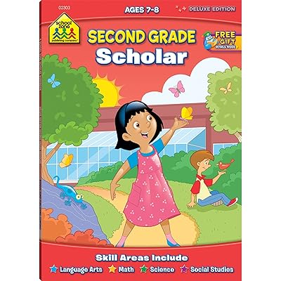 School Zone - Second Grade Scholar Workbook - 64 Pages, Ages 7 to 8, 2nd Grade, Language Arts, Math, Science, Coin Values, Telling Time, Critical Thinking, and More