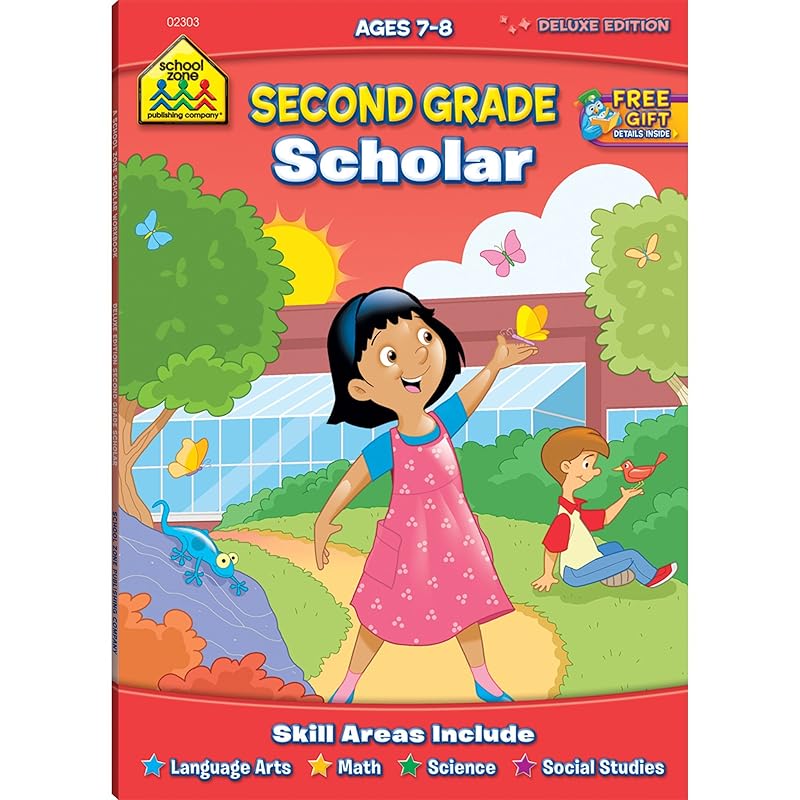 School Zone - Second Grade Scholar Workbook - 64 Pages, Ages 7 to 8, 2nd Grade, Language Arts, Math, Science, Coin Values, Telling Time, Critical Thinking, and More by School Zone