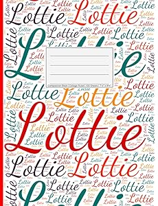 Lottie: College Ruled Composition Book, 200 pages, size 7.44" x 9.69", white paper with light grey lines, Personalized soft white cover filled with ... sizes, colors, directions and a red spline.