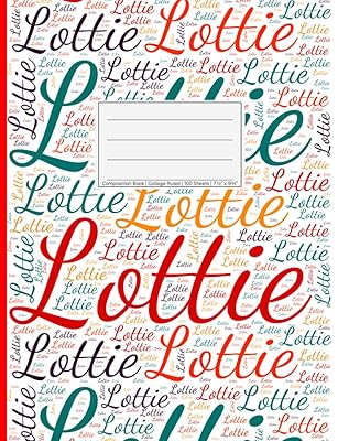 Lottie: College Ruled Composition Book, 200 pages, size 7.44" x 9.69", white paper with light grey lines, Personalized soft white cover filled with ... sizes, colors, directions and a red spline.