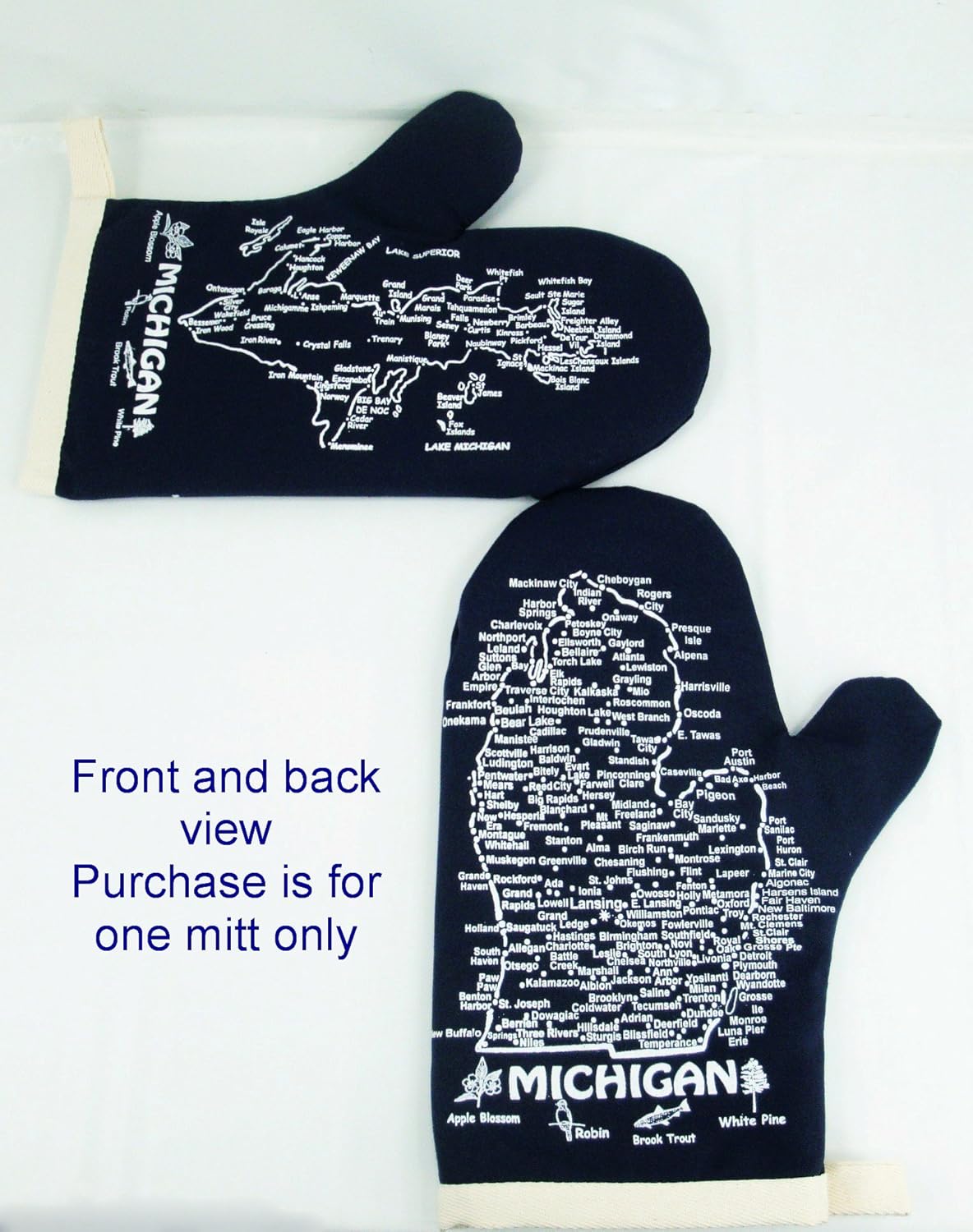 

Michigan Oven Mitt-Upper & Lower Peninsula Map-Navy Blue-Qty-1