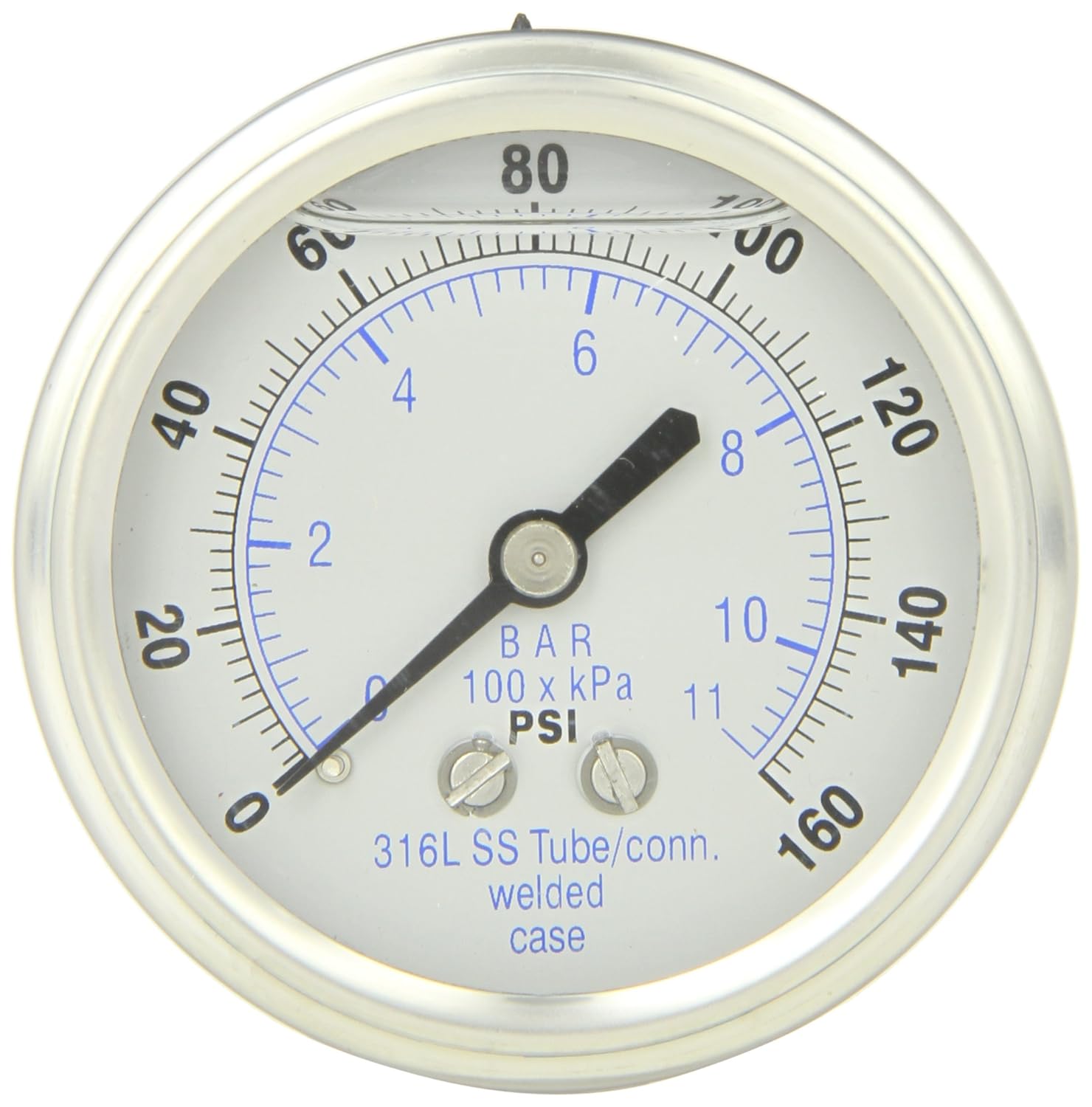 

PIC Gauge 302LFW-254F Glycerin Filled Center Back Mount Pressure Gauge with Stainless Steel Case, 316 Stainless Steel Internals, Plastic Lens, Welded Connection, 2-1/2" Dial Size, 1/4" Male NPT Connection Size, 0/160 psi Range