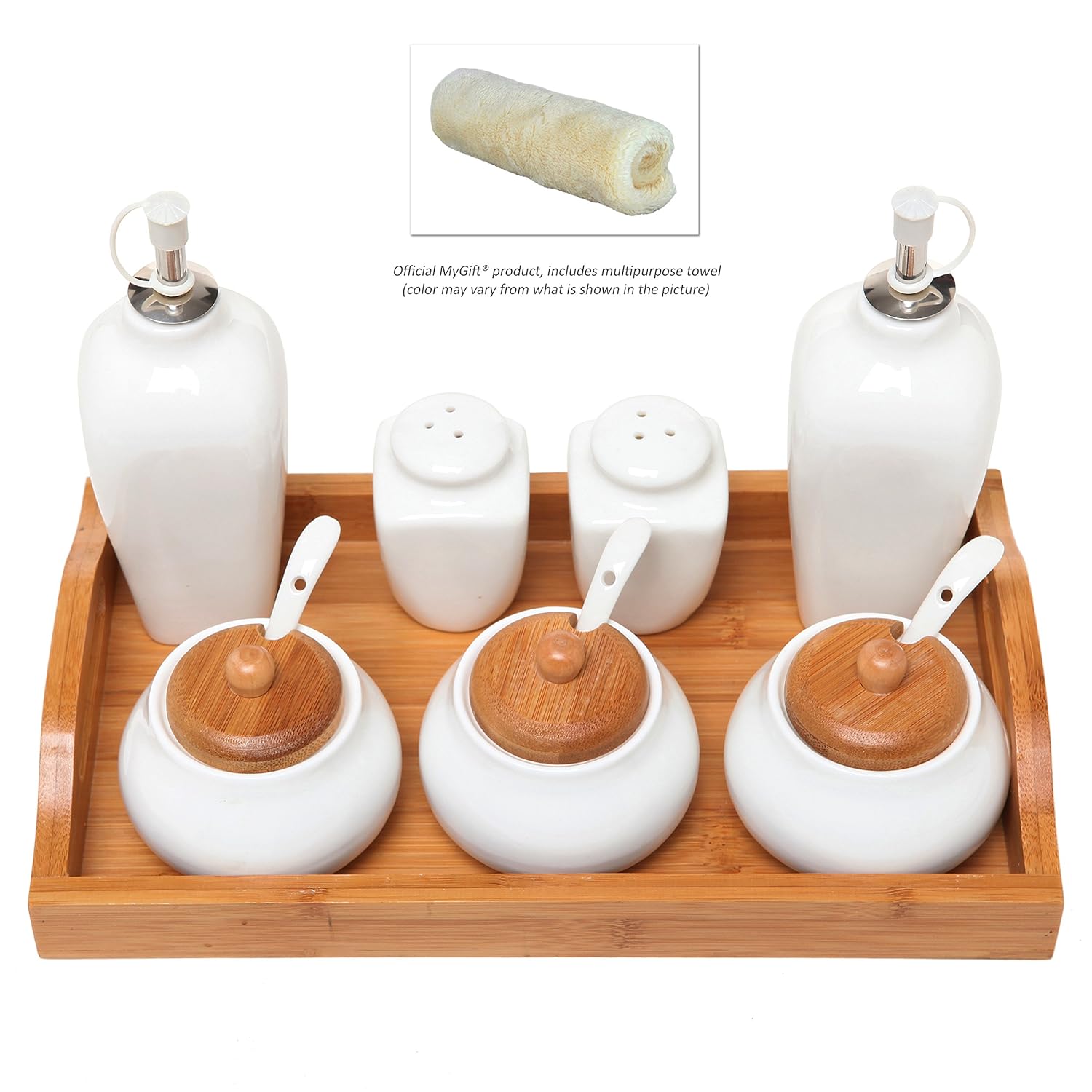 

Deluxe Kitchen White Ceramic Condiment Bowls / Salt Pepper Shaker / Dinning Serving Set w/ Bamboo Tray