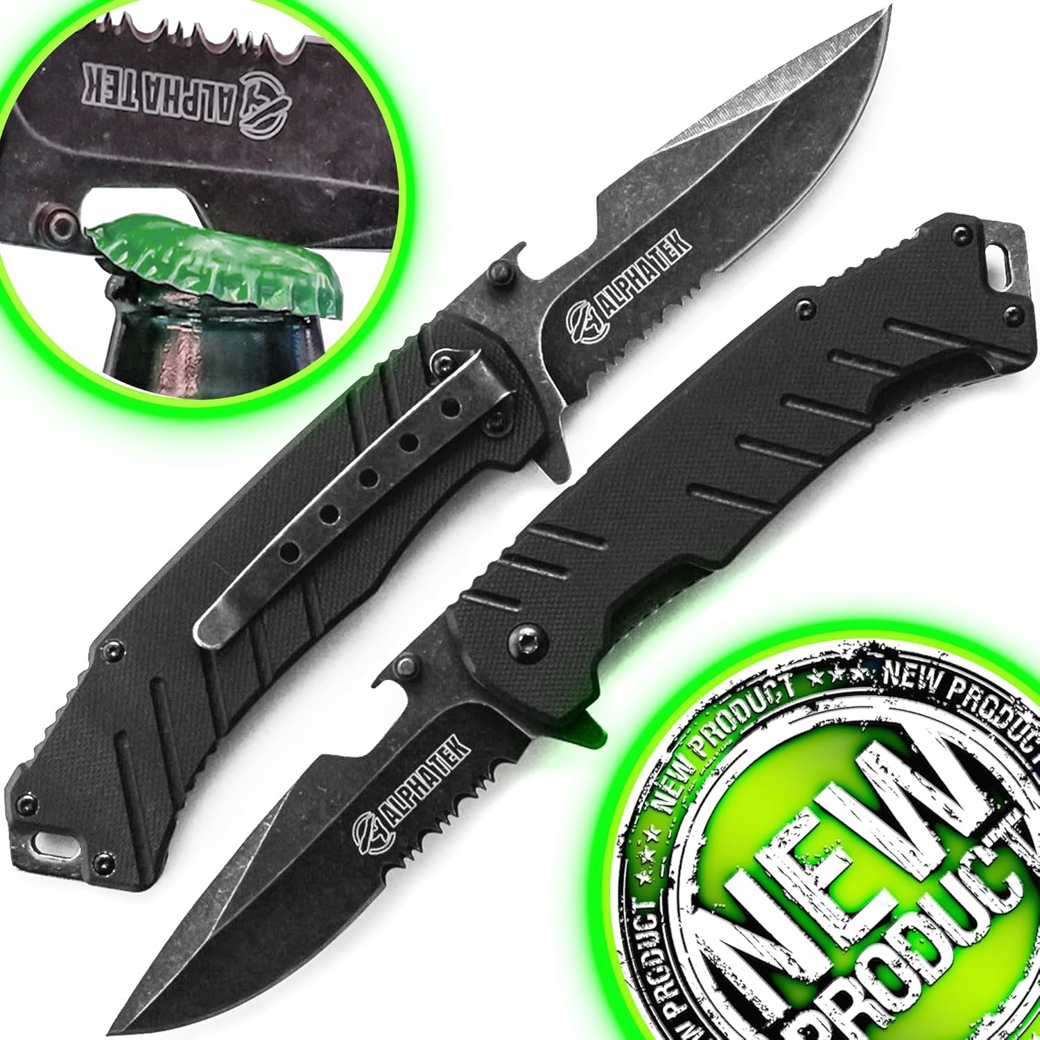 

Spring Assisted Knife: Black Tactical Knife With Lightning Quick Deployment - BOTTLE OPENER - Black 440C SS Blade - G-10 Handle - Pocket Clip.