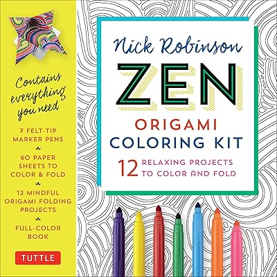 Zen Origami Coloring Kit: 12 Relaxing Projects to Color and Fold: Includes Origami Book with 12 Mindful Designs, 7 Markers & 60 Zen Patterned Origami Papers