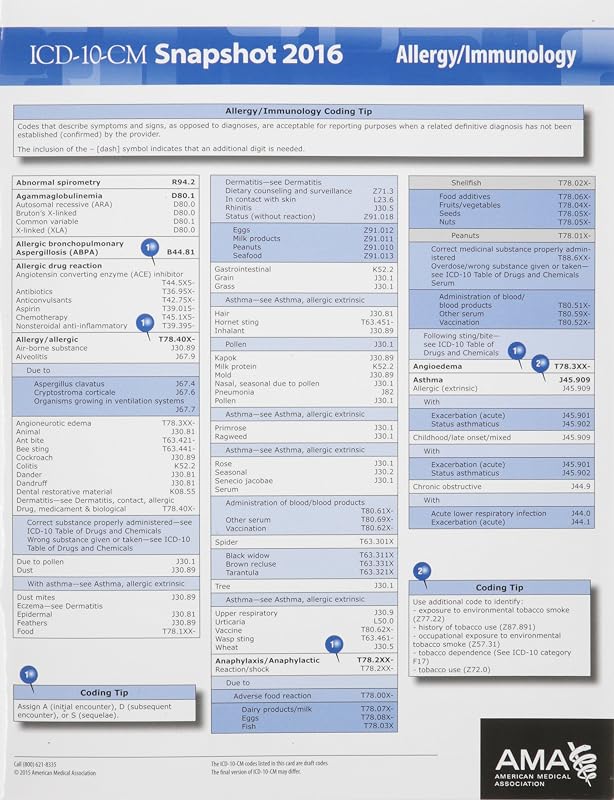ICD-10 2016 Snapshot Coding Card Allergy/Immunology by American Medical Association
