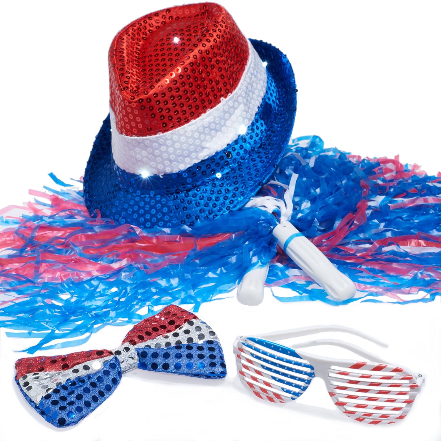 

4th of July Set, Patriotic Sequin Blinking Hat, 4th of July Shutter Shade Glasses, Patriotic Bow Tie, Patriotic Color Pom Poms