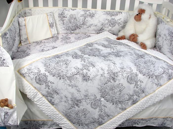 White & Charcoal Floral French Toile 14pc Shabby Chic Baby Bedding