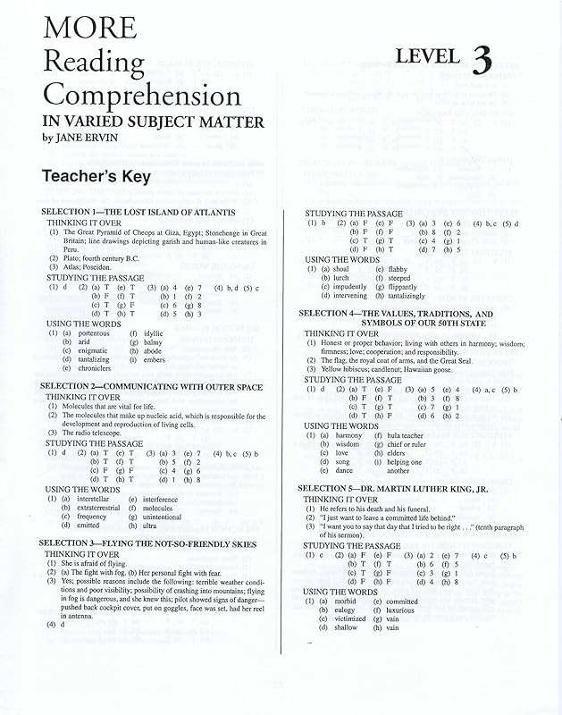 More Reading Comprehension Level 3 - Answer Key by unknown author