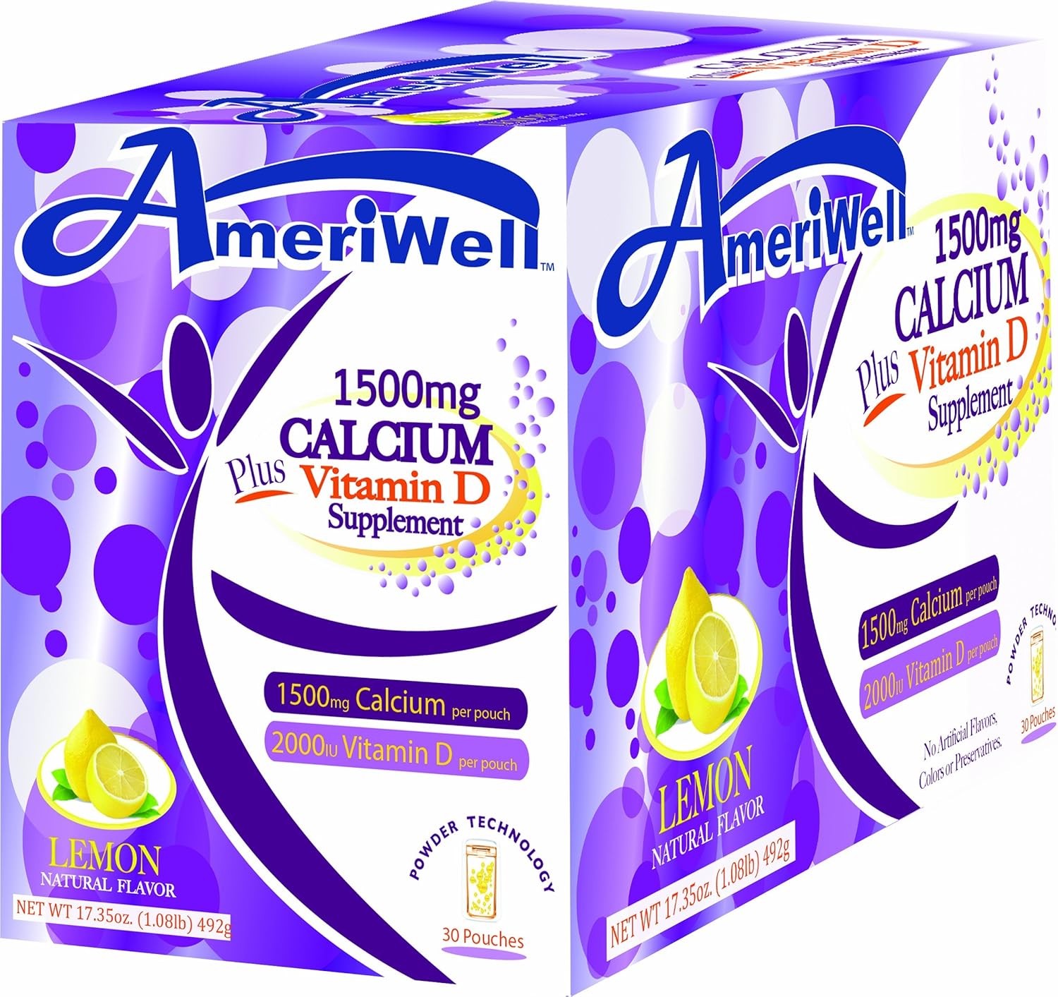 ameriwell calcium plus vitamin d powder, lemon, 1500 mg, 30
