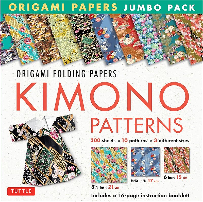 Origami Folding Papers Jumbo Pack: Kimono Patterns: 300 High-Quality Origami Papers in 3 Sizes (6 inch; 6 3/4 inch and 8 1/4 inch) and a 16-page Instructional Origami Book, by Tuttle Publishing