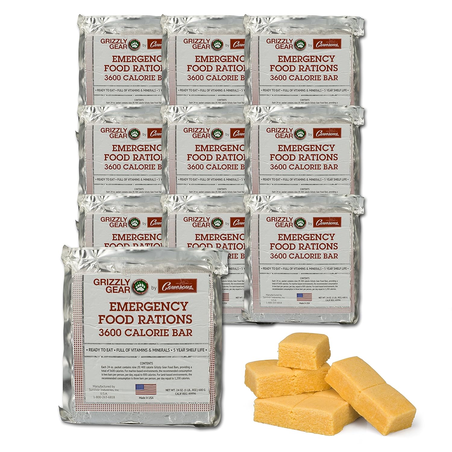 

Emergency Food Rations Case of 10 - 3600 Calorie Bars - 30 Day Supply - (5 Year Shelf Life) - Less Sugar and More Nutrients Than Other Leading Brands